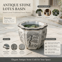 Bak Air Batu Bluestone Klasik Berukir Tangan Multi-Faceted dengan Relief Bunga dan Motif Burung Murai untuk Dekorasi Akuatik di Halaman Villa