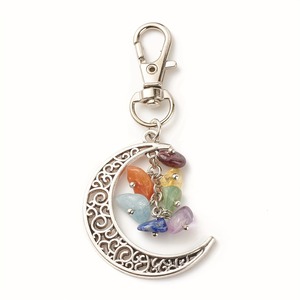 Natural Polished Tumbled Stone Crystal Keychain Moon Shape Alloy Pendant Amethyst Hanging Ornament Light Carabiner 3D Laser