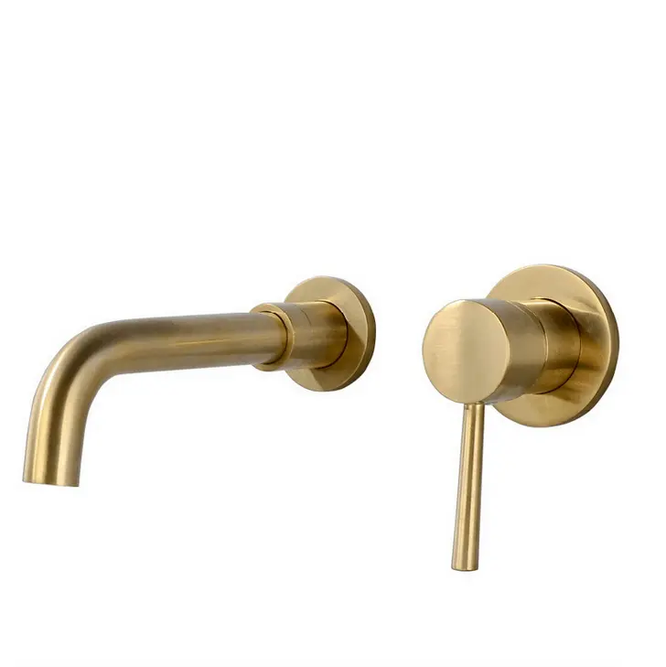 2 hole Wall mounted Faucet Brass Bathroom Sink Single Handle taps brushed gold basin Faucet