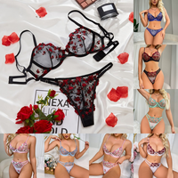 Ensemble de lingerie sexy de luxe 2 pièces (soutien-gorge et culotte) en dentelle respirante brodée florale, avec logo personnalisable, maintien moyen, sous-vêtements érotiques fins