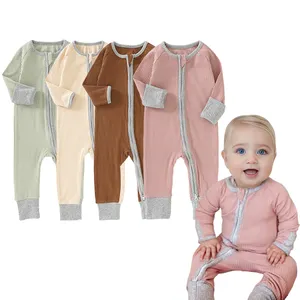 Nouveau-né infantile côtelé bébé vêtements de nuit pyjamas mitaines manches fermeture éclair bébé combinaison barboteuses vêtements