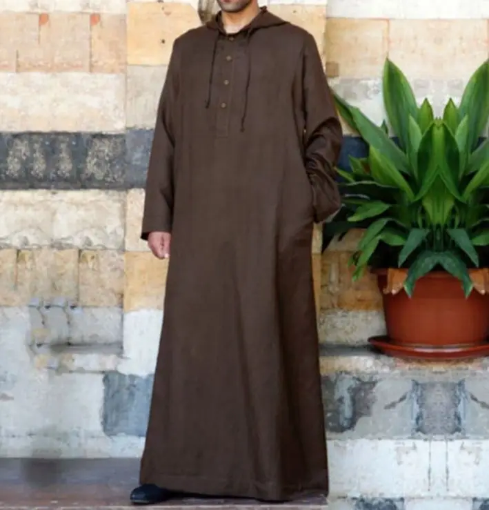 아랍어 스타일 간단한 긴 남성 후드 셔츠 캐주얼 이슬람 가운 단색 긴 소매 느슨한 이슬람 이슬람 까마귀 토브