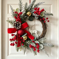 Guirlande décorative de Noël avec nœud et baies rouges, cercle de fleurs artificielles, décoration de fête pour la maison, pour porte et mur