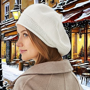 Boina Francesa para Mujer, Gorro de Invierno Tejido, Cálido, de Lana, Estilo Holgado, Parisino, Rayado, Blanco, Clásico, para Regalo - Product Image 2