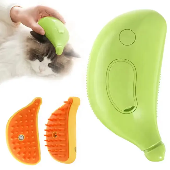 Escova de cabelo elétrica 3 em 1 para animais de estimação com desenho de banana, pente de massagem a vapor para gatos, autolimpante