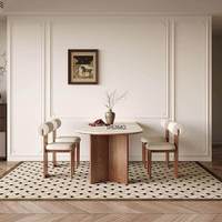 Table à manger ovale moderne de luxe en pierre frittée avec pieds en bois, blanche, durable, capacité 4 personnes, mobilier de salon