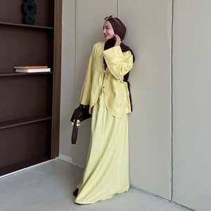 Customized 2026 New Co Ord Set Women Modest <strong>Linen</strong> Look 2 Piece Set Front Tie Cardigan and <strong>Maxi</strong> <strong>Skirt</strong> Muslim Abaya Set - Product Image 1