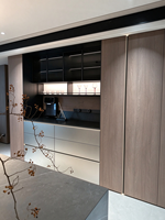 Buffet intégré de luxe léger italien, finition panneau métallique brossé, étagère de présentation métallique éclairée par LED, armoire murale en verre pour rangement