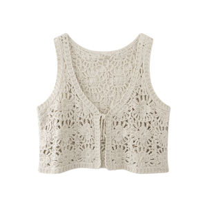 Gilet court sans manches en <span class=keywords><strong>dentelle</strong></span> florale crochetée à la main pour femmes, devant ouvert, tricot en <span class=keywords><strong>dentelle</strong></span> 3D superposé - Product Image 1