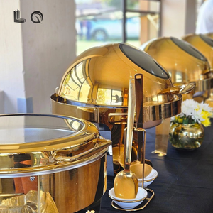 Scaldavivande di Lusso con Coperchio in Vetro, Set per Buffet Rotondo Dorato Decorativo, Scaldavivande di Lusso per Matrimoni Unici, Catering e Feste - Product Image 4