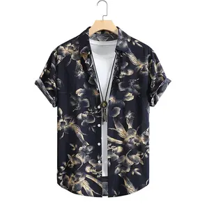 新款男士时尚潮流花朵印花短袖夏威夷男士设计师衬衫