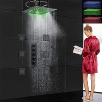 Système de douche thermostatique en laiton noir mat de luxe 20 pouces 4-en-1 avec LED, jet de pluie et massage, ensemble complet pour hôtel