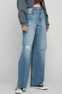 סיטונאי בינוני לשטוף מקרית נשים גבוהה מותן במצוקה למתוח גלם Hem בבאגי החבר רחב רגל ג 'ינס - Product Image 2