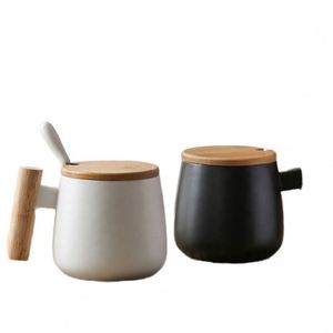 Modern Design 350ml Ceramic Coffee <b>Mug</b> Custom Black Porcelain Short <b>Tea</b> Cup with Wooden Cover September Wedding Feature - Product Image 3