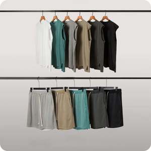 Wholesale Custom Logo High Quality Summer Sport Gym Jogger Street Wear Oversize Crewneck Gray Drawstring Tank <b>Top</b> Shorts Set Man - Product Image 6