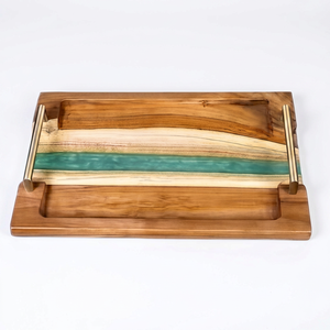 Plateau de service rectangulaire élégant en bois avec incrustation en résine et poignées en métal, finition polie, adapté au contact alimentaire - Product Image 1