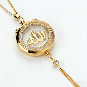 Ornement de voiture à suspendre avec chaîne, <span class=keywords><strong>Allah</strong></span> Muhammad, pendentif rond en métal avec strass, calligraphie arabe, cadeau musulman pour l'Aïd et le Ramadan - Product Image 3