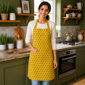 Tablier en mélange de coton et de lin de qualité supérieure |   Tablier à bretelles imprimé floral jaune avec grande poche avant |   Cuisine réglable pour la préparation des aliments - Product Image 3