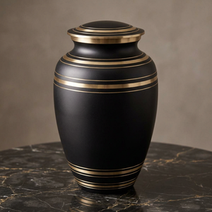Black Metal Cremation Urn <b>Keepsake</b> <b>Ashes</b> Vase Memorial urn with gold tone stripe decor <b>for</b> sympathy display - I H C - Product Image 1