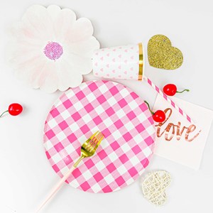 DAMAI New Design Happy Birthday Party Supplies Set with Pink Gingham and Garden Floral Paper Plates Disposable Cups Napkins - Product Image 2