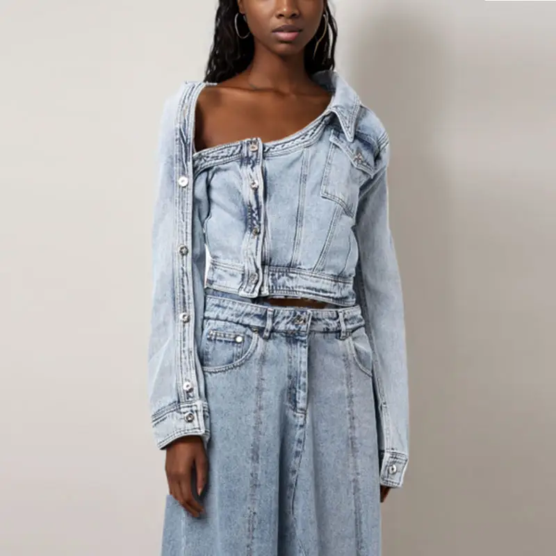 Chicever Casual Revers Lange Mouw Enkele Rij Knopen Asymmetrische Vrouwen Denim Jassen