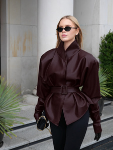 <strong>Women</strong> Fashion PU <strong>Leather</strong> Jacket Oversized <strong>Blazer</strong> Belted Funnel Neck Puff Sleeve Peplum Hem <strong>Faux</strong> <strong>Leather</strong> Coat Winter Street Style - Product Image 2