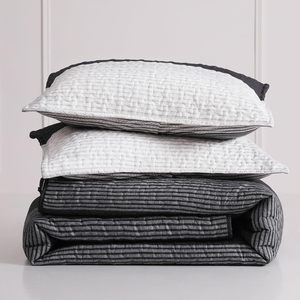 100% Cotton <strong>White</strong> and <strong>Black</strong> Stripe Quilt <strong>Bedspread</strong> 3Piece Farmhouse Soft Reversible Coverlet Bedding Set - Product Image 6