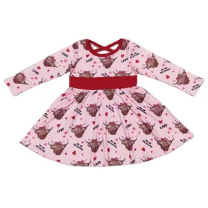 Love Pink Highland Cow Valentine vestidos de manga larga ropa para niños boutique para niñas niña tutú vestido niños ropa bebé