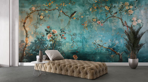 Carta da Parati Vintage Teal Chinoiserie con Motivi Floreali e Uccelli, Decorazione Murale Botanica Effetto Invecchiato per Sala da Pranzo e Soggiorno, Adesiva - Product Image 4