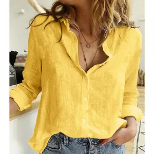 Leisure Wit Geel Shirts Button Revers Vest Top Lady Loose Lange Mouwen Oversized Shirt Womens V-hals Blouses Herfst
