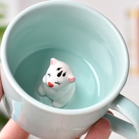 Mug à café ou à thé en céramique, peint à la main, motif animal 3D mignon, écologique, couleur céladon, idéal pour cadeau, vente en gros