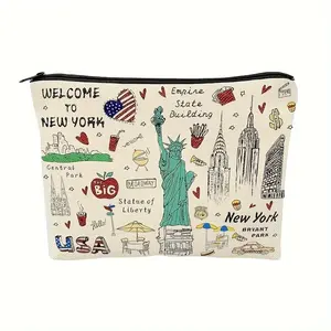 Sac de <span class=keywords><strong>voyage</strong></span> cosmétique et trousse de maquillage en toile à motif paysage style européen pour filles et femmes, avec fermeture éclair, souvenir de <span class=keywords><strong>New</strong></span> <span class=keywords><strong>York</strong></span>, mignon et décontracté - Product Image 1