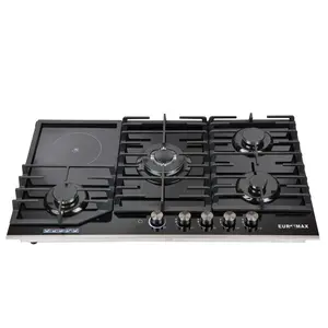 5 Burner Gas Hob with Hotplate burner black glass covers kitchen gas stove