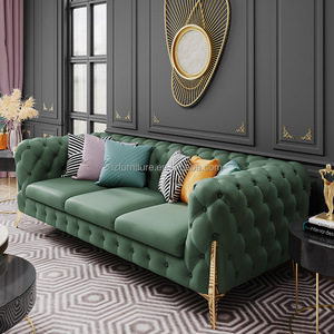 Hotel Lobby Chesterfield <b>Sofa</b> Beige Velvet 3-Seater Button Tufted Couch <b>Gold</b> Metal Legs Commercial Living Room Furniture - Product Image 4