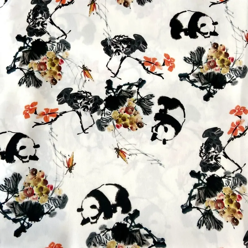 Chinoiserie woven polyester spandex animal giant panda digital printing satin chiffon fabric for lounge wear