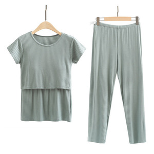 T-<span class=keywords><strong>Shirt</strong></span> à manches courtes et pantalon Long, ensemble de maternité, vêtements de maison décontractés pour femmes enceintes d'été, vêtements d'allaitement, vente en gros - Product Image 2