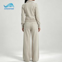 Ensemble de survêtement décontracté pour femme, veste zippée à poches cargo vintage délavées et pantalon large à cordon de serrage, style streetwear
