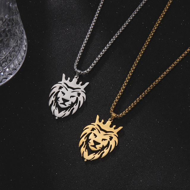 Vintage King of Lion with Crown Animal Necklace for Men Women Stainless Steel Punk Style Gold Pendant Jewelry