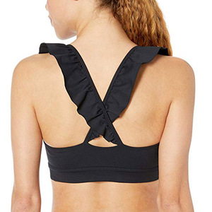 Soutien-gorge de sport noir à volants pour femme, col rond, maintien moyen, yoga, sans couture, en spandex et polyester, respirant, couleur unie - Product Image 2