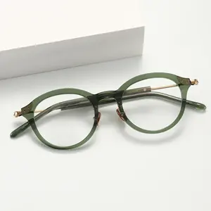 HengtaiElliptical pure titanium Oliver green acetate eyeglass frame plate eyeglass frame Japanese design