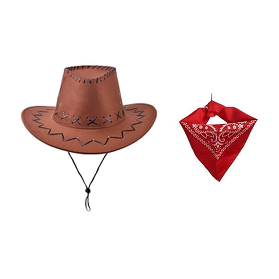 Brown cowboy hat + square scarf brown