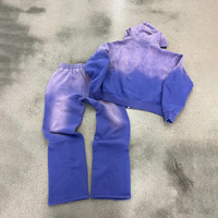 Ensemble pantalon de survêtement et sweat à capuche personnalisé, poids lourd, lavage à l'acide, manches d'impression avec broderie en strass