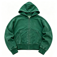 Stone-Washed Kapuzenjacke mit Reißverschluss, Einfarbig Bestickt, Locker Geschnittener Übergroßer Pullover, O-Ring-Reißverschluss, Unisex Vintage Outdoor Blanko Individualisierbar