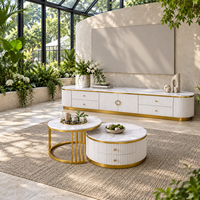 Ensemble de meuble TV et table basse WYRAX en deux pièces avec dessus aspect marbre blanc, coins arrondis, pieds dorés et rangement