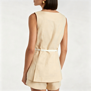 Custom High Quality <b>Linen</b> Clothing Casual Crew Neck Women Tops Shorts Sleeveless Two-Piece <b>Set</b> Hoodie Casual Suit Office <b>Sets</b> - Product Image 1