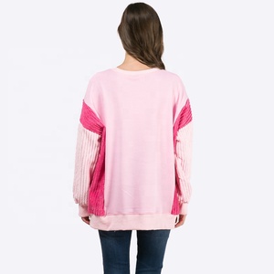 Suéteres personalizados de otoño para <span class=keywords><strong>mujer</strong></span>, sudadera para <span class=keywords><strong>mujer</strong></span>, suéter con mangas de retazos de pana y dobladillo dividido, venta al por mayor - Product Image 2