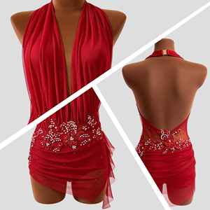 Vestido de Danza Lírica Rojo Personalizado con Malla y Cuello Halter, Apliques Florales Cosidos a Mano, Vestido de Danza para Competencia para Niñas y Mujeres, Actuación en Escenario - Product Image 2