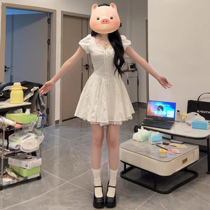 French Style White Lace Patchwork Dress Puff Sleeves Sweetheart Neck Tight Waist Casual Daily Wear - Product Image 1
