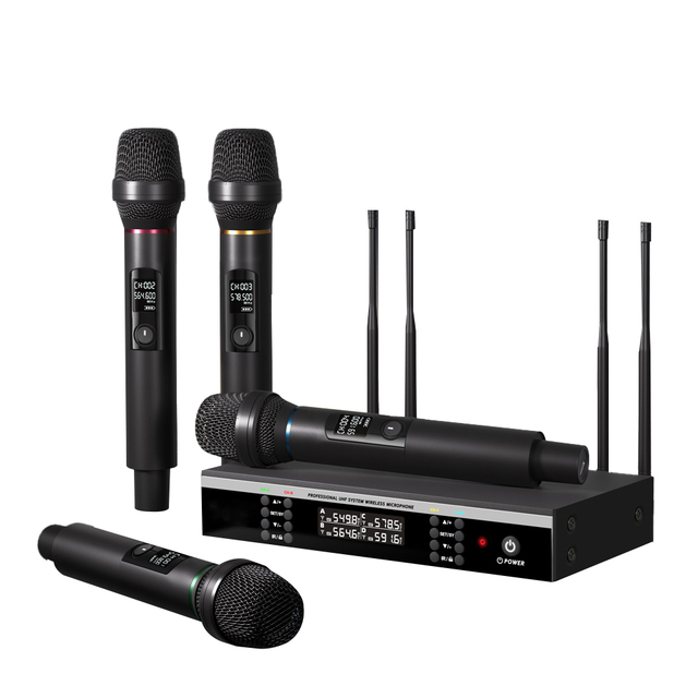 Hot Selling 4 Channels Professional Singing FM Noise Cancelling Handheld Wireless Microphone Home Karaoke UHF Outdoor KTV