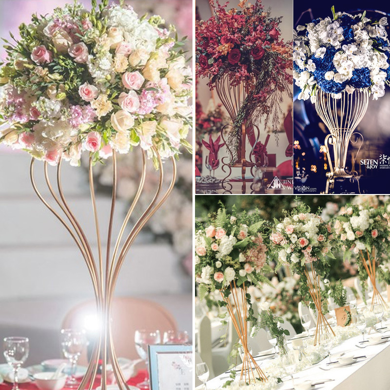 Wholesale Wrought Iron Geometric Hollow Ornaments Golden Waist Flower Arrangement Wedding Table Tall White Punched Metal Vase